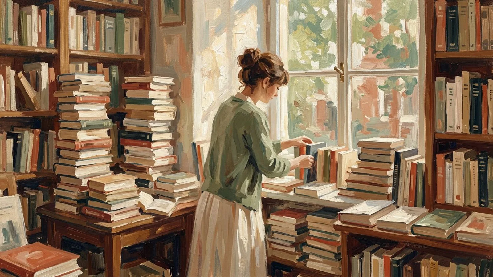 A bookseller arranging a small window display among stacks of books in warm afternoon light.