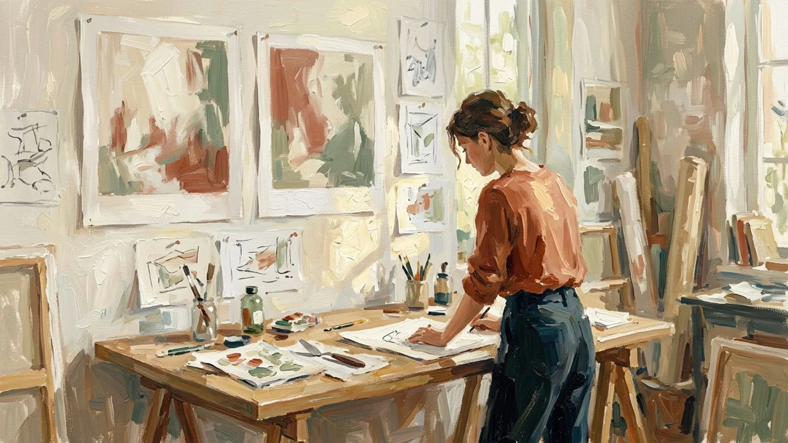 A product designer at a worktable with two large photographic references pinned to the wall above sketches.