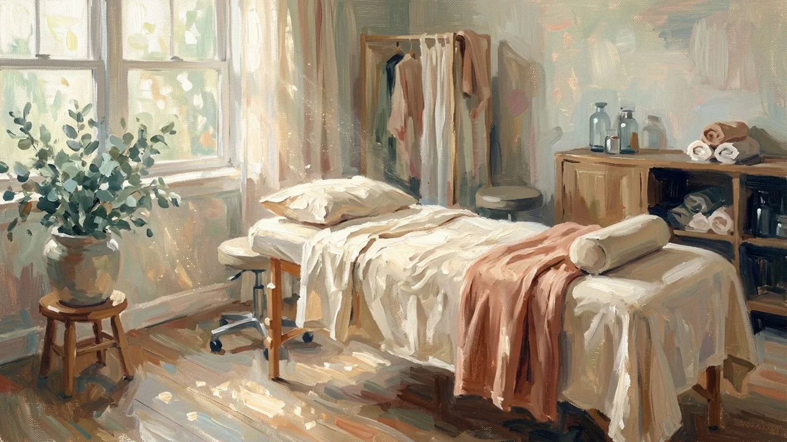 Le cabinet d'un ostéopathe tôt le matin, table préparée, lumière douce à la fenêtre.
