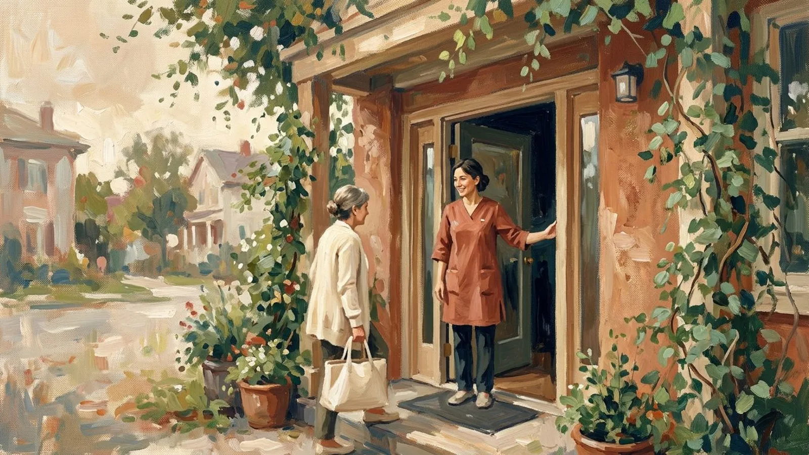 Un ostéopathe accueillant un nouveau patient à l'entrée d'un petit cabinet de quartier.