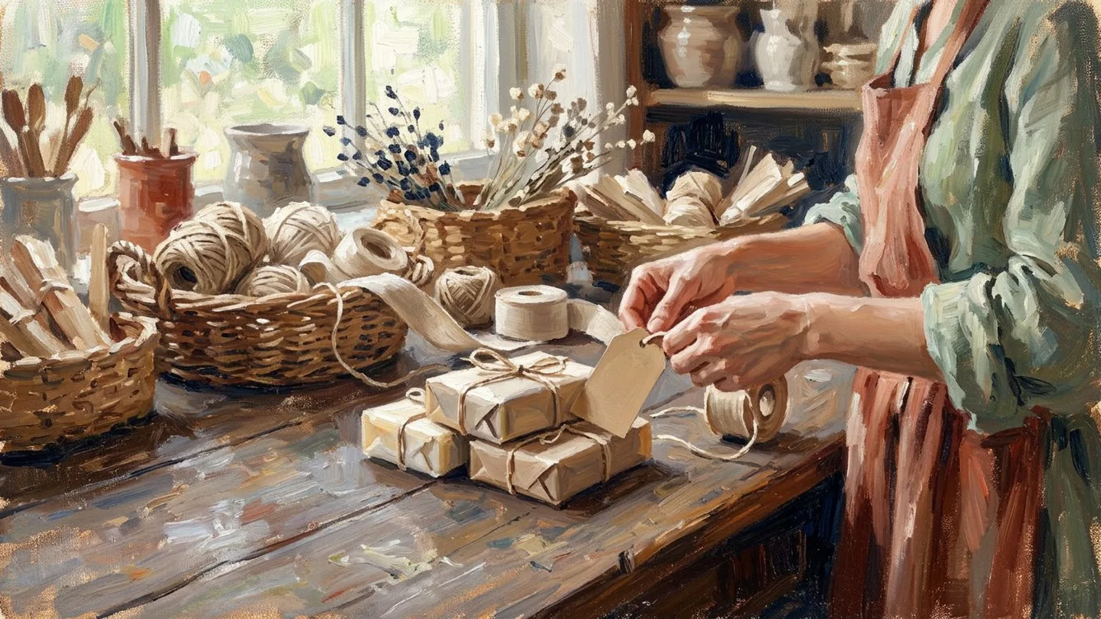 Una creadora fotografía productos terminados en una mesa con el móvil en trípode.