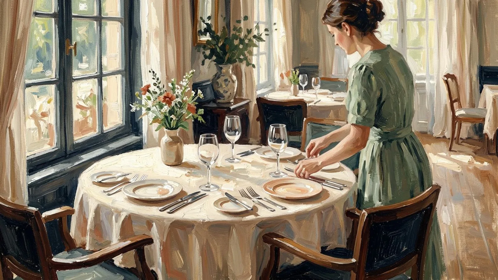 Ein Restauranttisch in einem Boutiquehotel, mittags gedeckt, Licht auf dem Besteck vor dem Service.