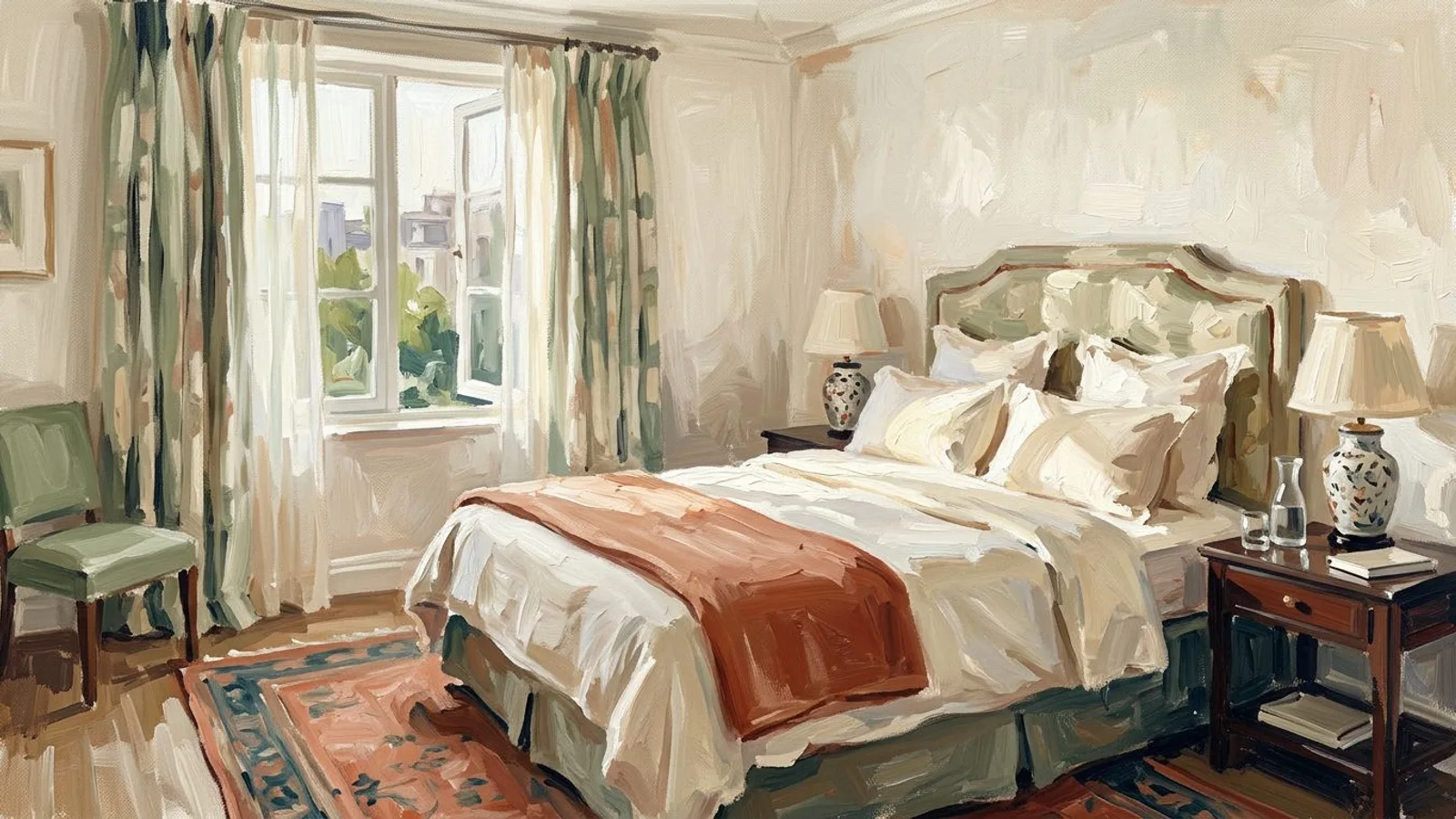 Ein frisch bezogenes Zimmer in einem Boutiquehotel am frühen Nachmittag, Vorhang halb zugezogen, weiches Licht auf dem Bett.