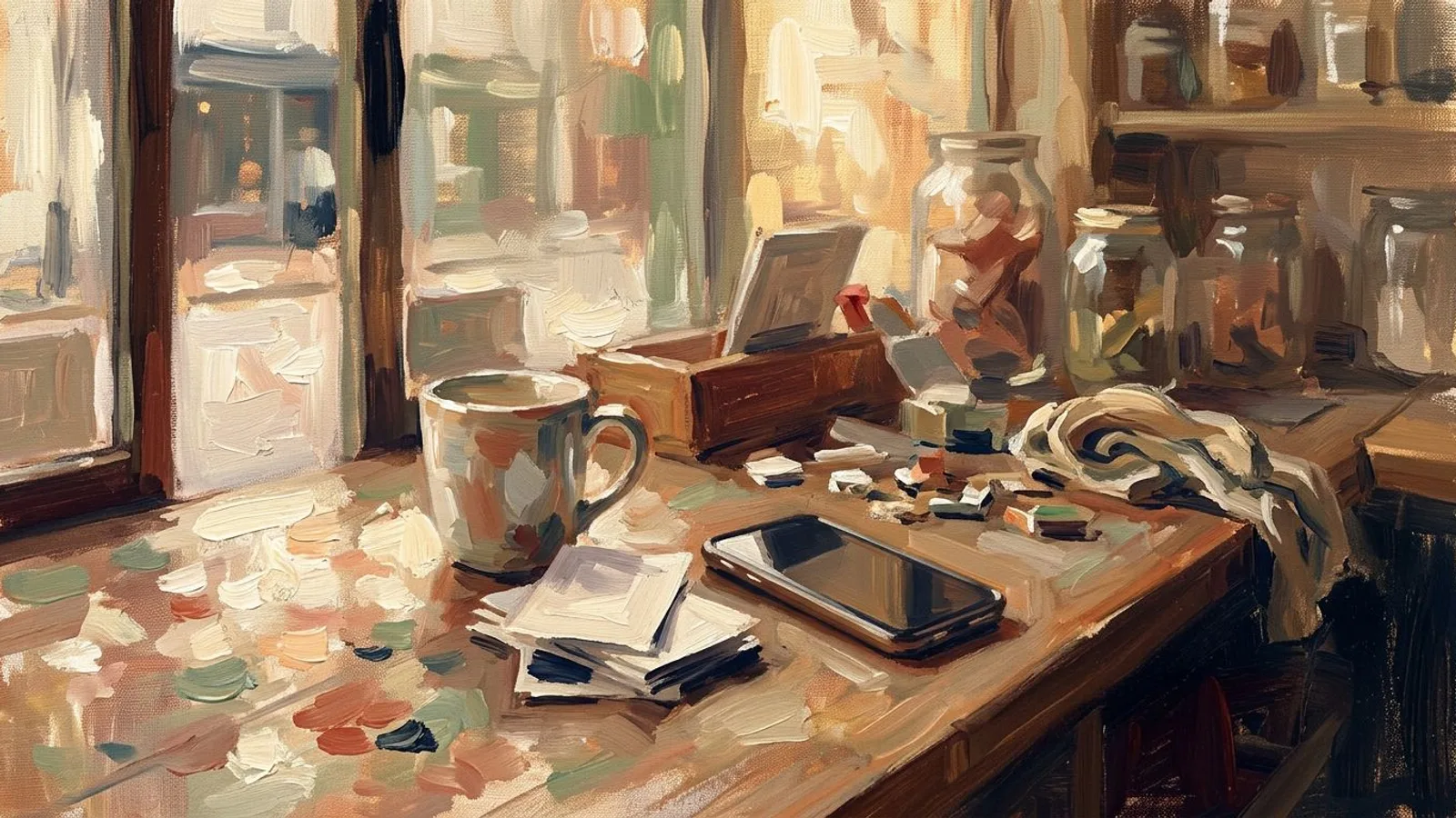 A shop counter at dusk, a phone face down next to a mug and a pile of order slips.