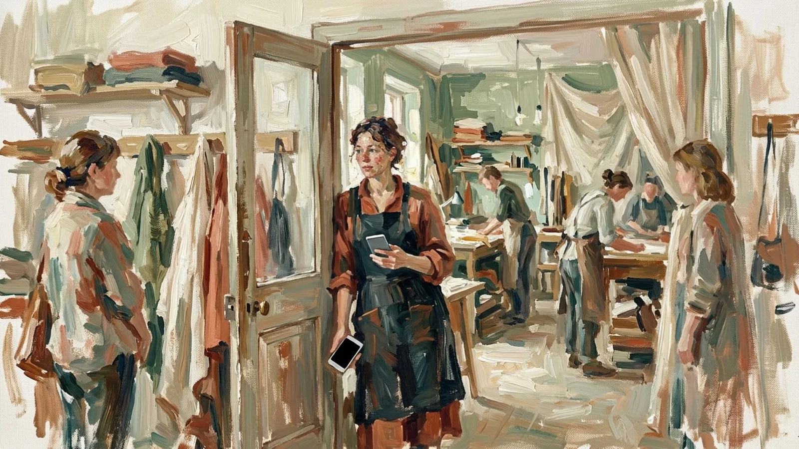 An independent pausing in a doorway with a phone in hand while the workroom stays busy behind.