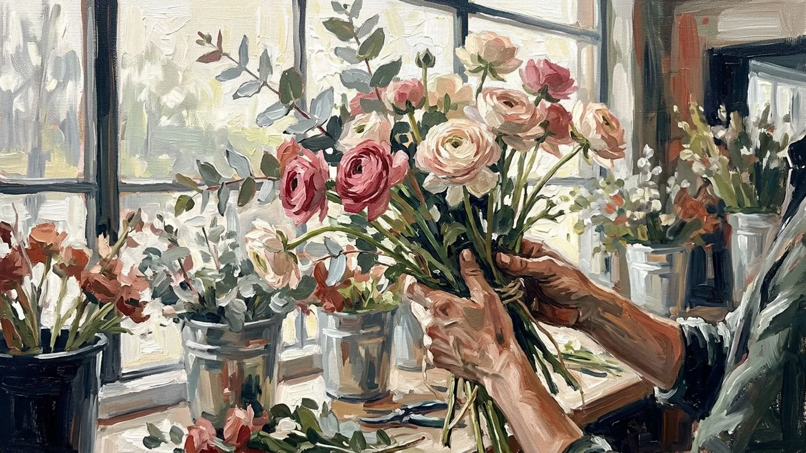 Les mains d'une fleuriste soulevant des renoncules et de l'eucalyptus vers la fenêtre de l'atelier, dans une lumière grise, seaux flous derrière.