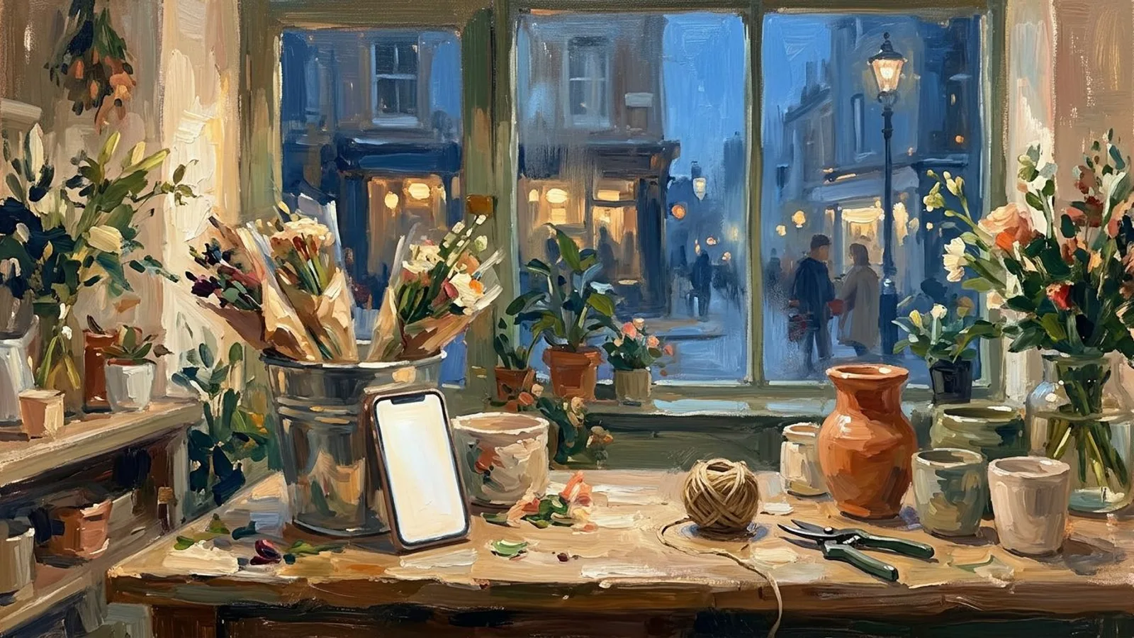 Le comptoir d'une fleuriste à la fermeture, un téléphone appuyé contre un seau de tiges, la vitrine éclairée sur la rue du soir.