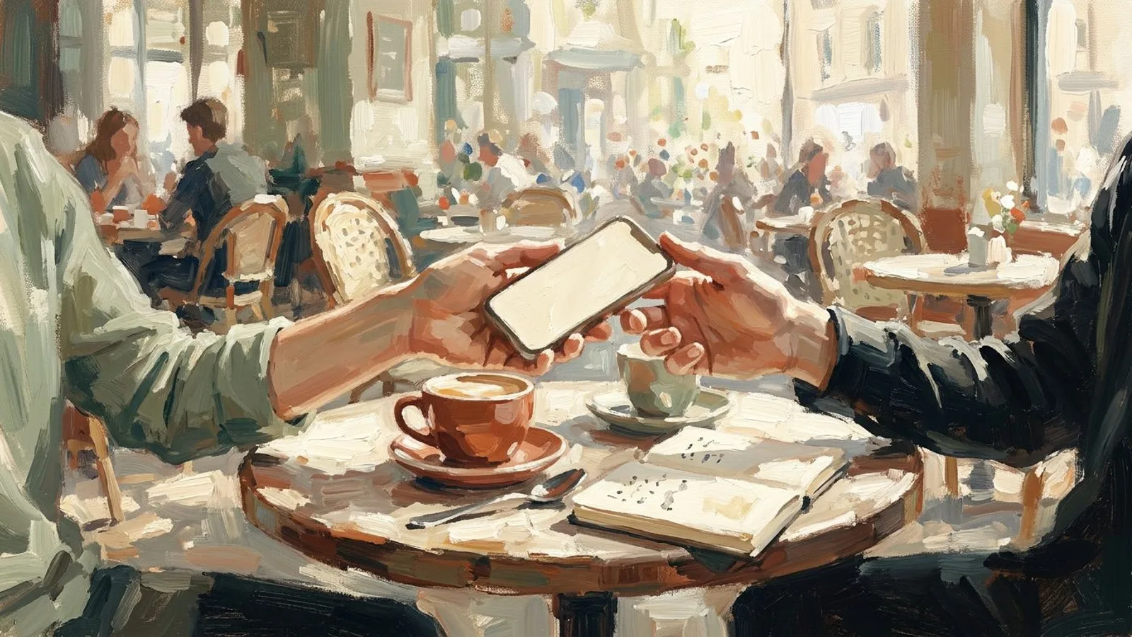 Deux mains se passent un téléphone au-dessus d'une table de café, entre des tasses et un carnet ouvert.