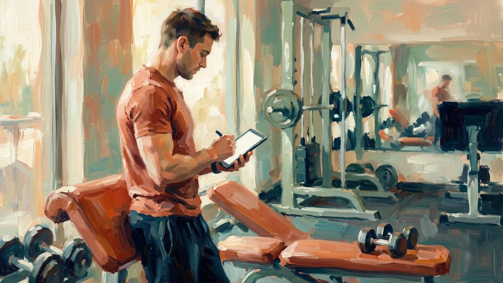 A personal trainer noting a client question on a phone after a session.