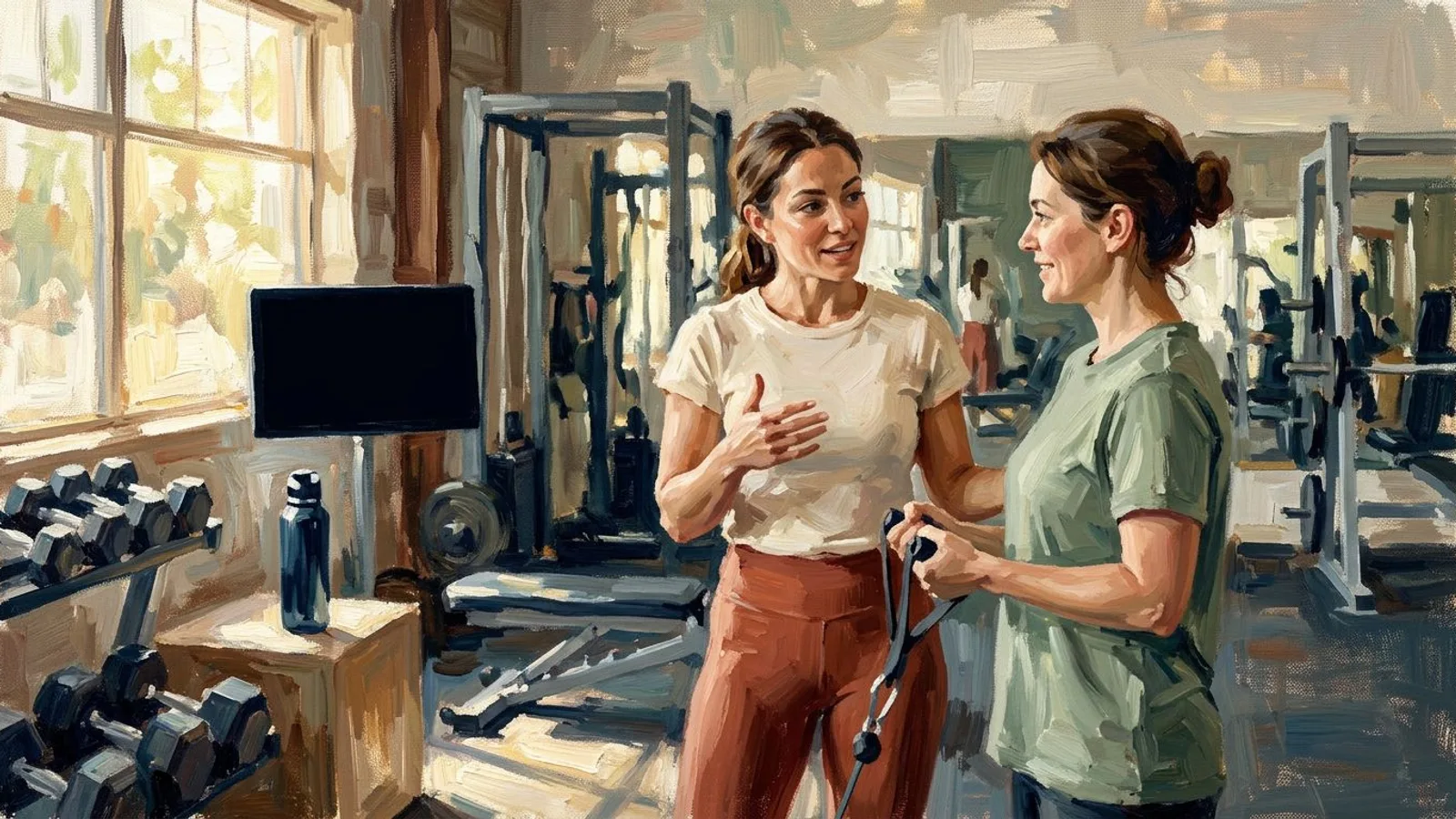 A fitness coach talking with a client between sets in the gym.