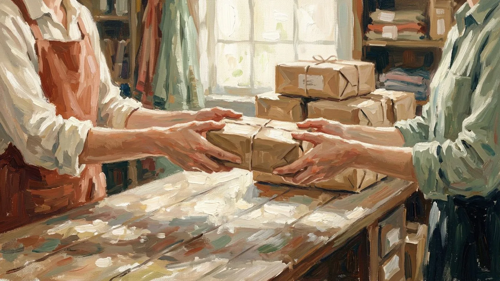 Ein kleines Paket in braunem Papier wird über einen Holztresen von einer Hand in die andere übergeben, dahinter warten weitere Pakete.
