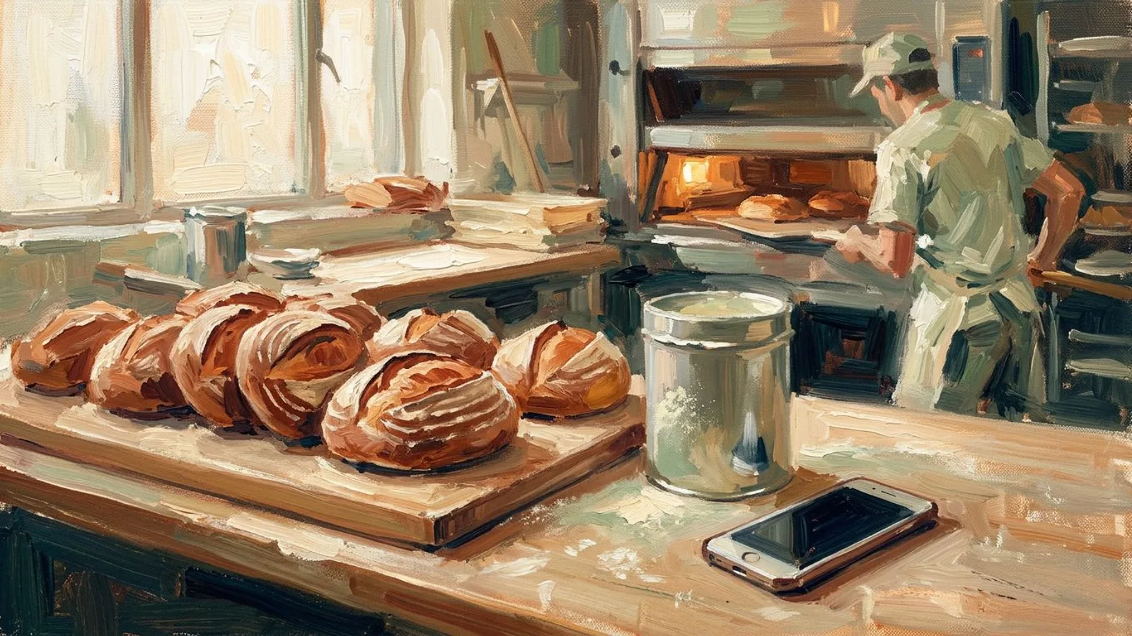 Bäckereitheke im Morgenlicht mit einer Reihe Sauerteigbrote und einem Telefon neben der Mehldose