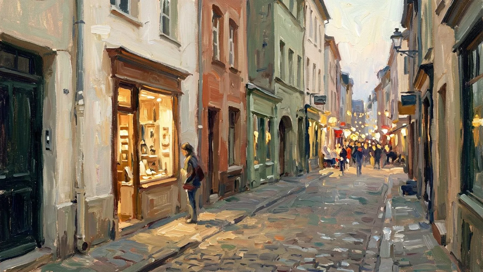 Enge Altstadtgasse in der Dämmerung mit einem beleuchteten Ladenfenster und einem Passanten, im Hintergrund ein heller, voller Boulevard