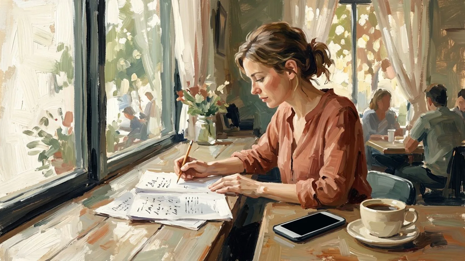 Eine Café-Besitzerin liest am Fenstertresen gedruckte Seiten mit einem Bleistift in der Hand, das Telefon liegt umgedreht neben der Tasse.