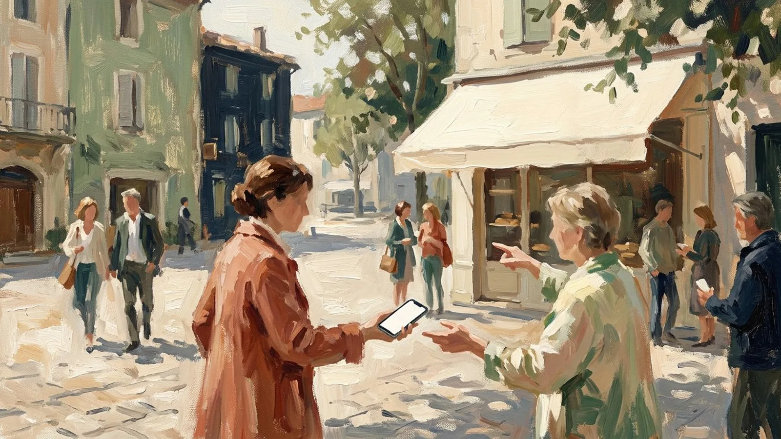 Mehrere Menschen auf einem kleinen Marktplatz reichen ein Telefon von Hand zu Hand, eine von ihnen zeigt auf ein Ladengeschäft gegenüber.
