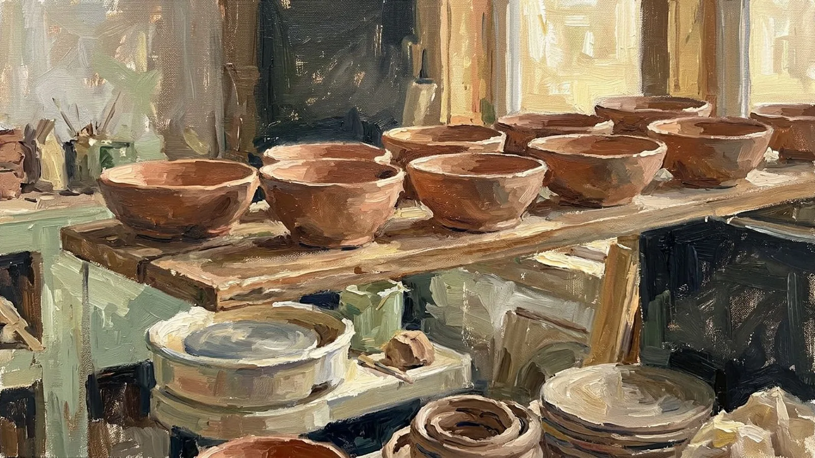 Ein Regal mit unglasierten Schalen in einer kleinen Keramikwerkstatt, feiner Staub in der Luft, tiefe Nachmittagssonne auf dem Holz.