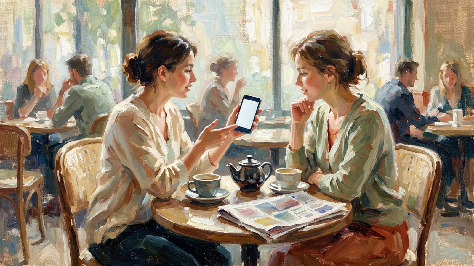 Zwei Freundinnen an einem Cafétisch, eine dreht ihr Telefon zur anderen und zeigt ein Foto, zwischen ihnen zwei Tassen.