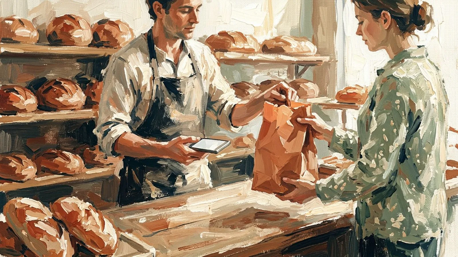 Eine Bäckerin reicht über die Theke eine Papiertüte mit Brot, in der anderen Hand hält sie ihr Telefon, warmes Morgenlicht.