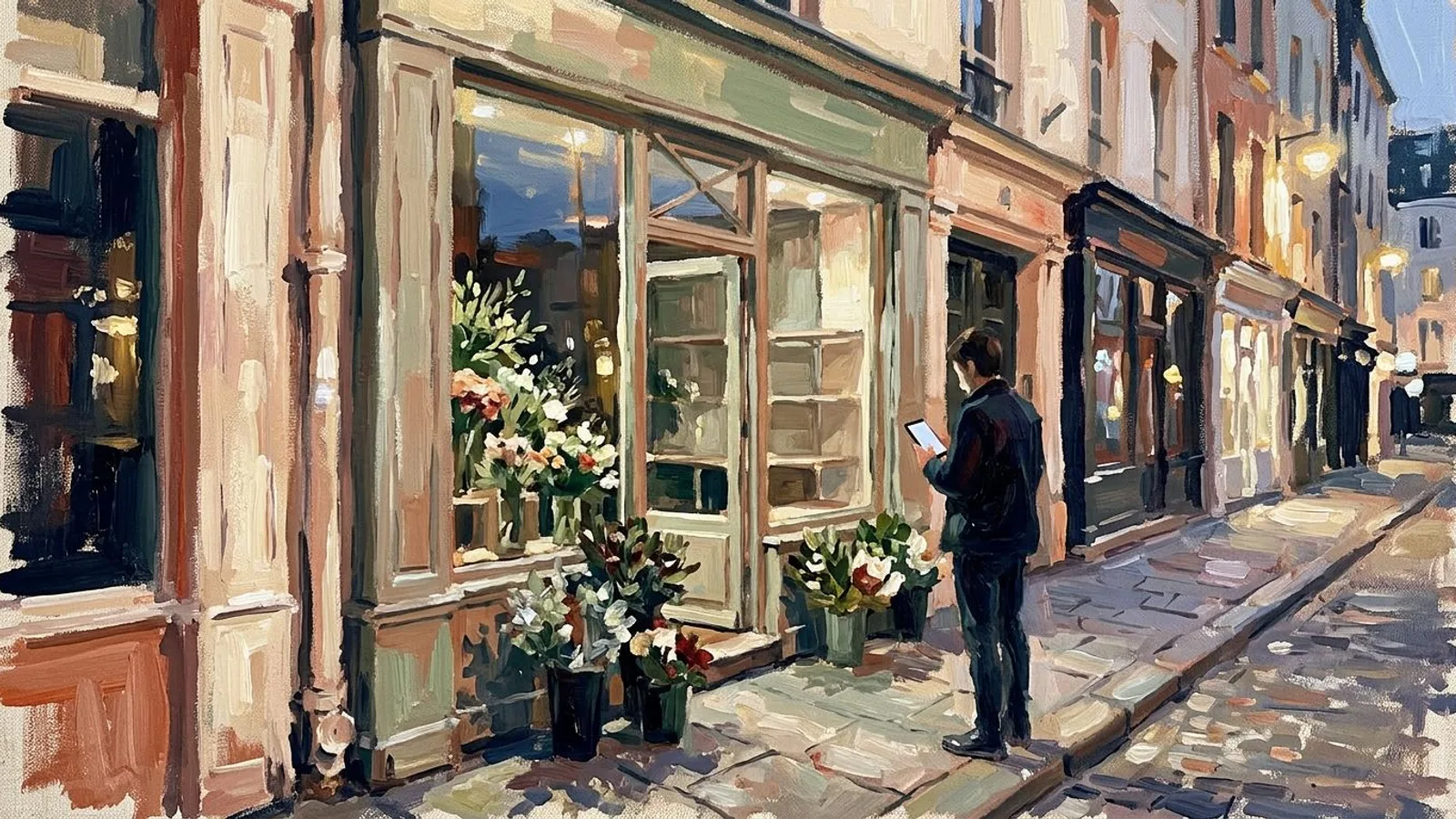 Schaufenster eines kleinen Blumenladens in der Abenddämmerung, halb mit frischen Blumen dekoriert, halb noch leer, ein Passant bleibt davor stehen