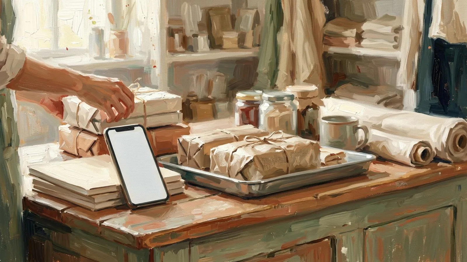 Ladentheke im Morgenlicht, ein Smartphone lehnt an einem Papierstapel neben frisch eingepackter Ware.