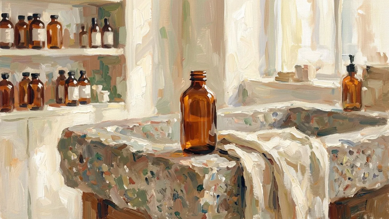 Eine braune Apothekerflasche steht am Rand eines steinernen Waschbeckens in einem ruhigen Ladenraum, dahinter unscharf ein Regal mit gleichen Flaschen.
