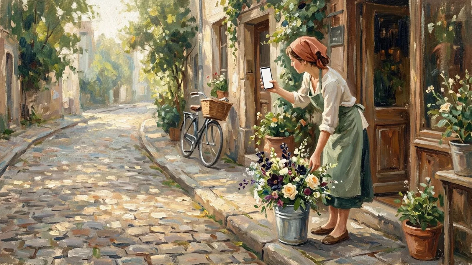 Eine Floristin stellt einen Zinkeimer mit frischen Blumen vor ihre Ladentür und hält das Telefon hoch, um das Bild einzurahmen.