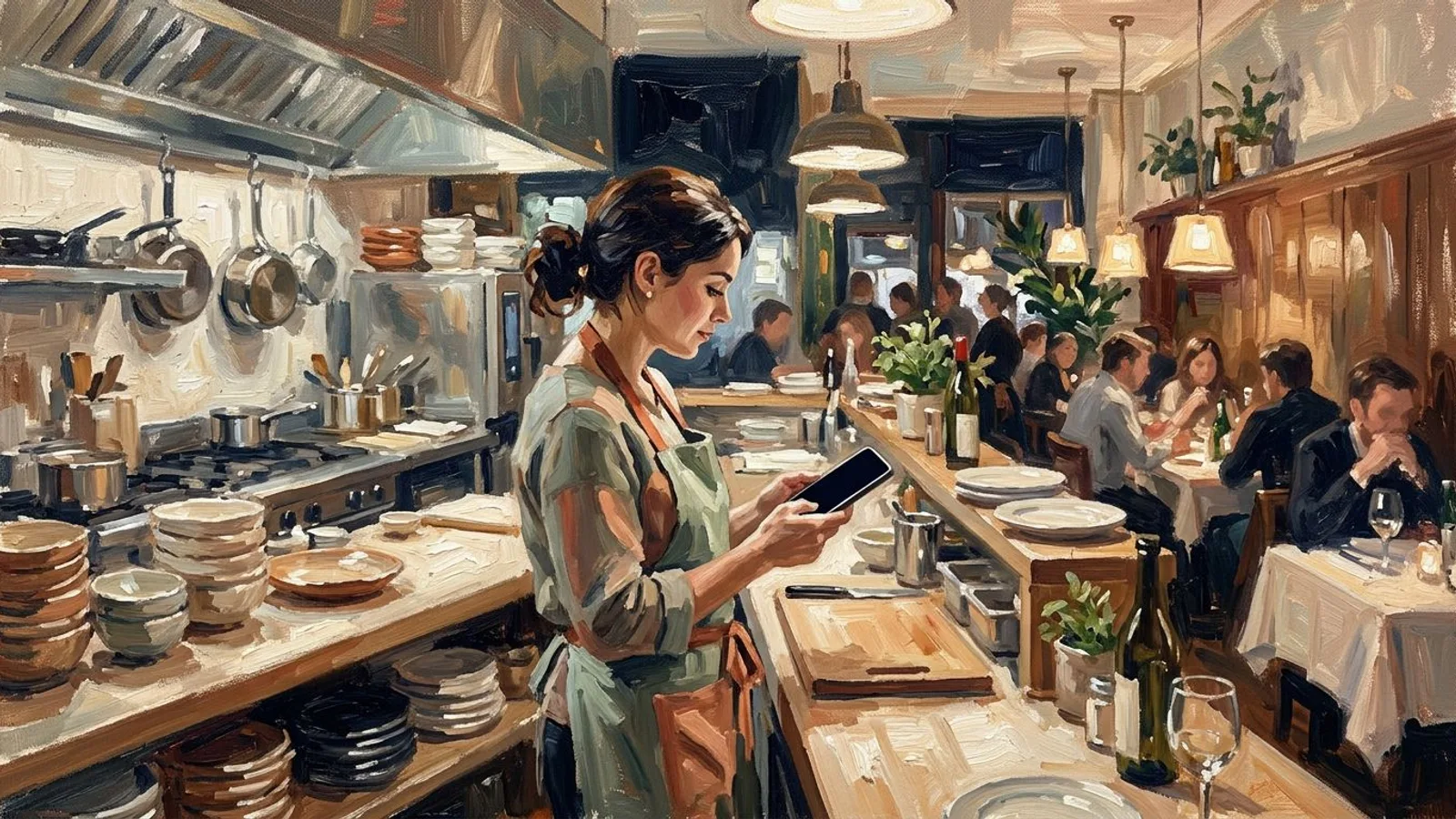 Gastronomin am Pass zwischen zwei Services, das Telefon in der Hand, hinter ihr füllt sich der Gastraum im Abendlicht