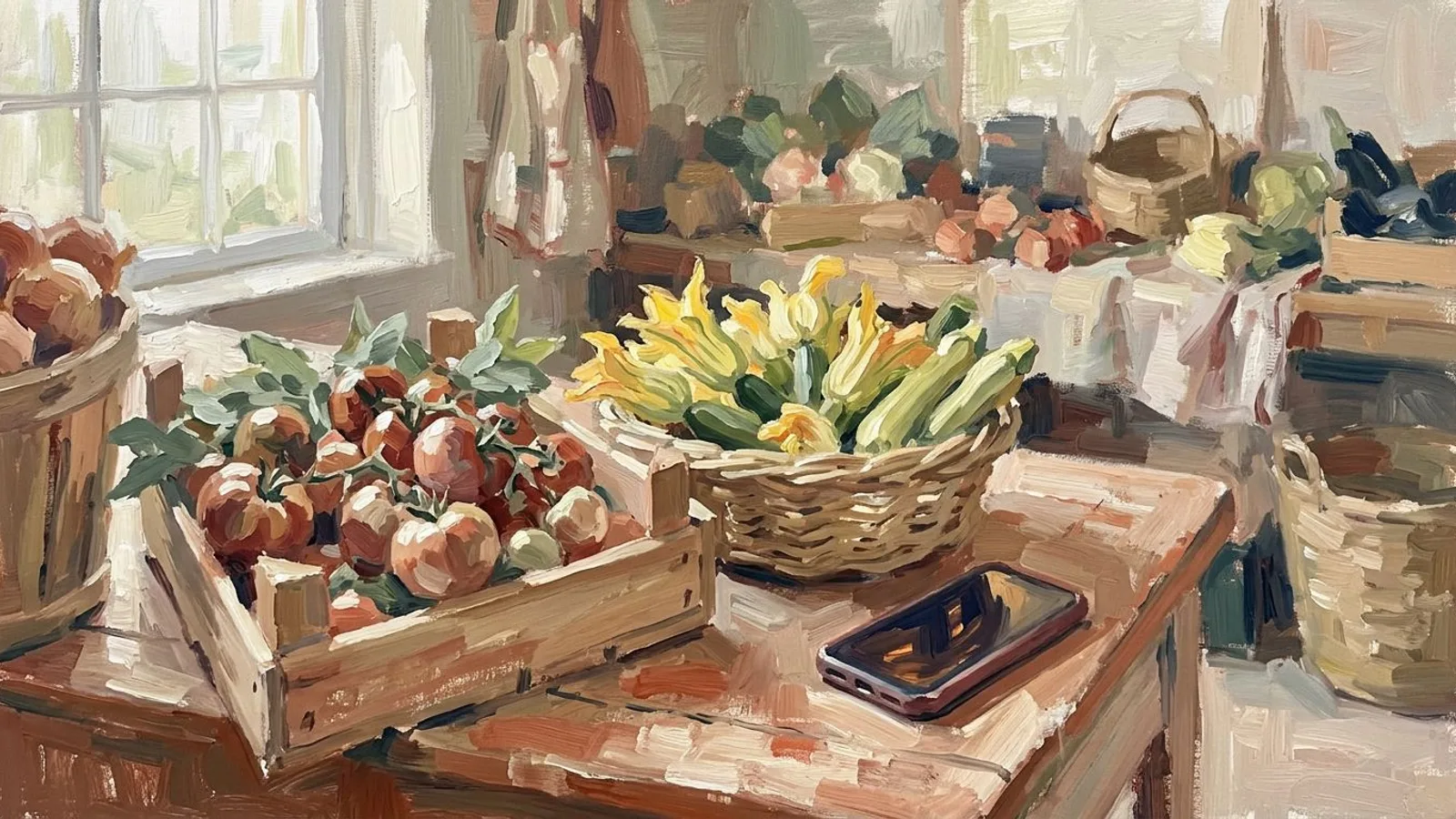 Ladentheke eines Hofladens mit einer Kiste reifer Tomaten, einem Korb Zucchiniblüten und einem umgedrehten Smartphone daneben