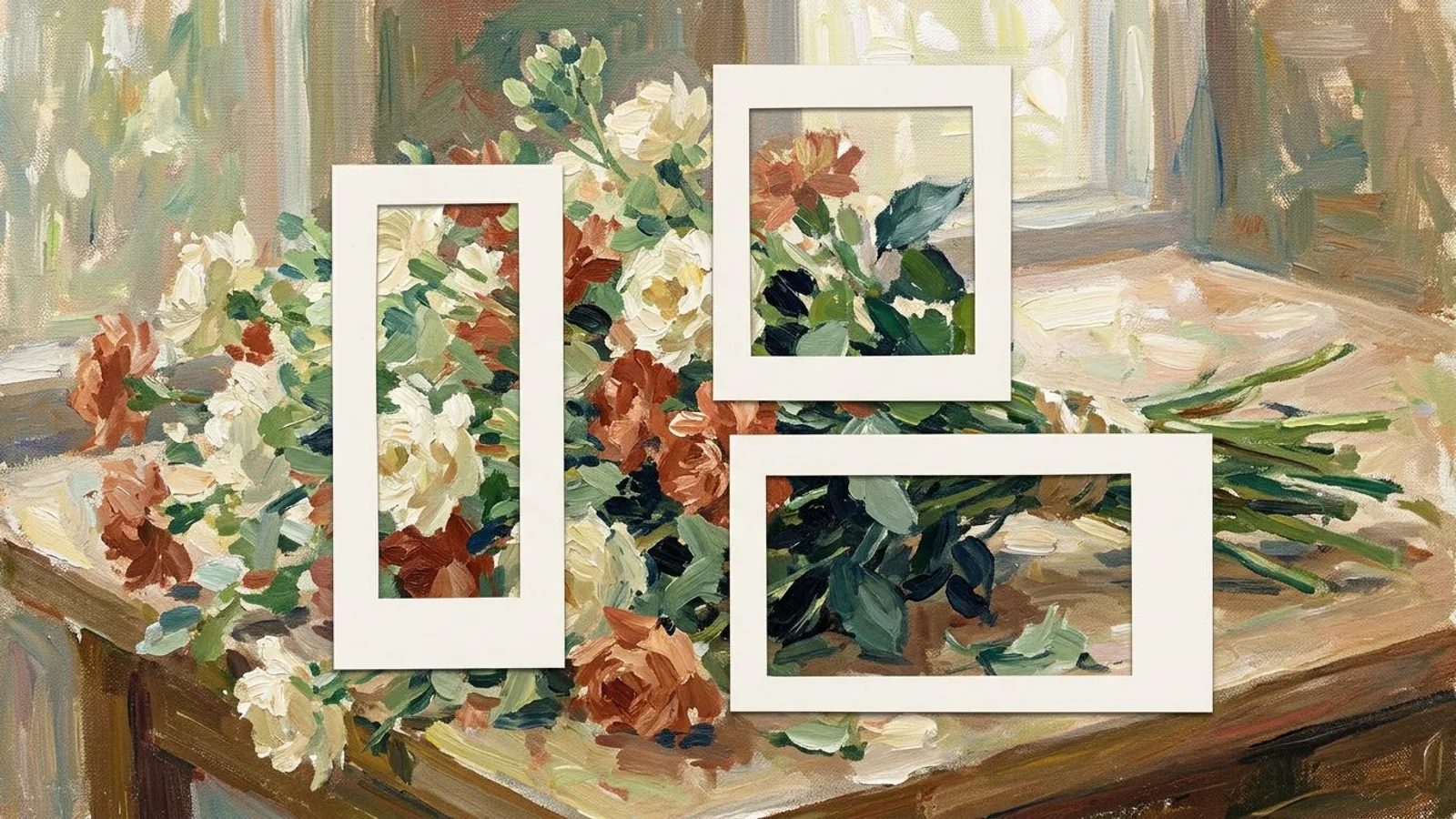 Auf einem Floristentisch liegen drei Papierrahmen unterschiedlicher Proportion über demselben Strauß, einer hoch, einer quadratisch, einer breit.
