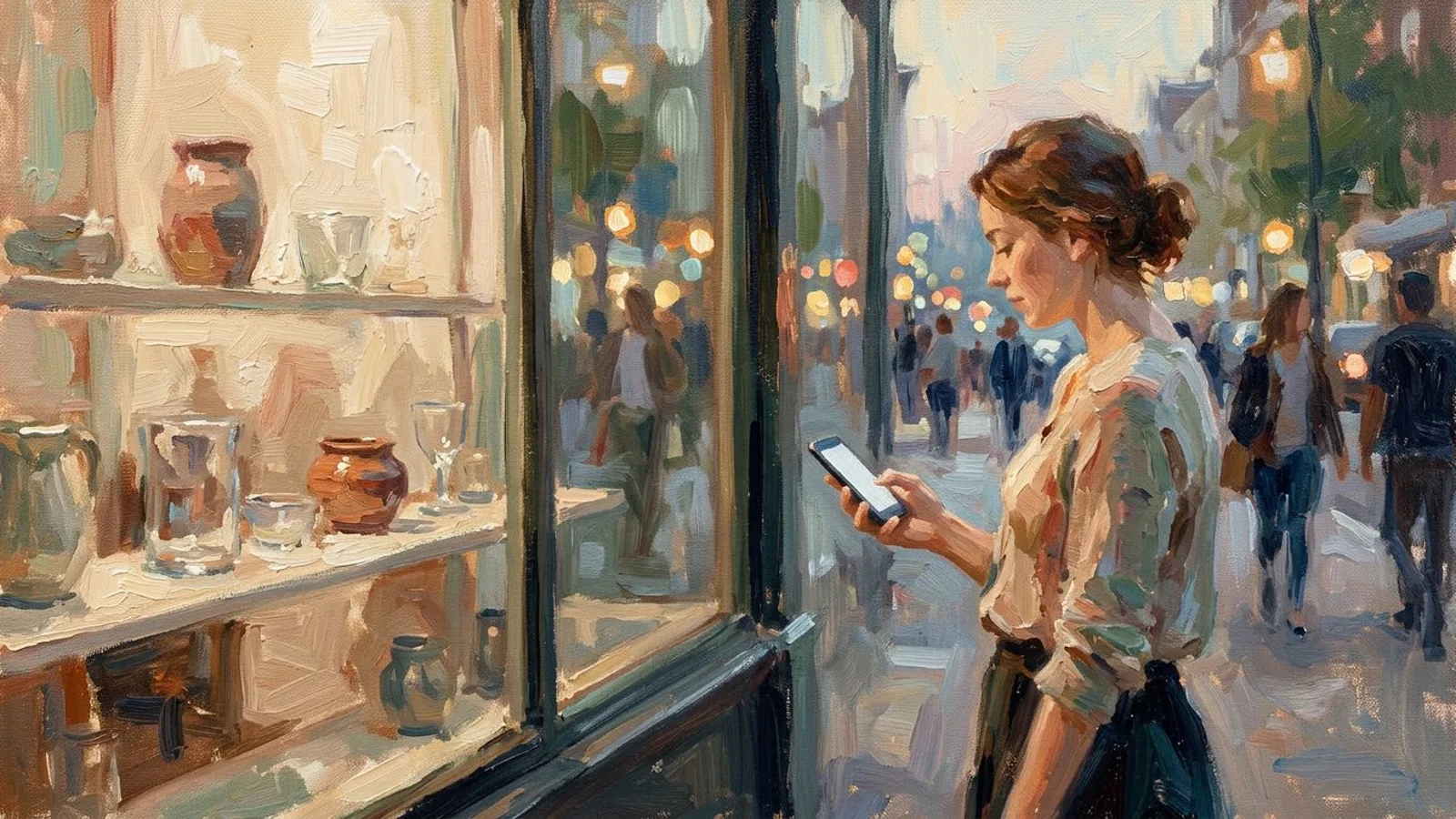 Ladeninhaberin am Abend am Schaufenster mit dem Handy in der Hand, auf einem einzelnen Regal wenige ausgewählte Objekte, Straßenlaternen hinter dem Glas