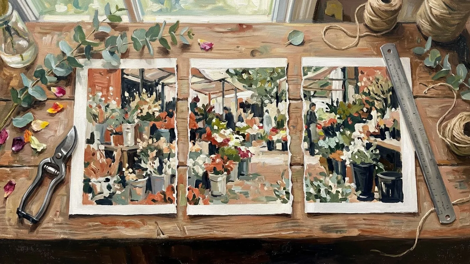 Ein breites Foto eines Blumenstands, in drei gleich breite Streifen geschnitten und nebeneinander auf einem Werktisch ausgelegt.