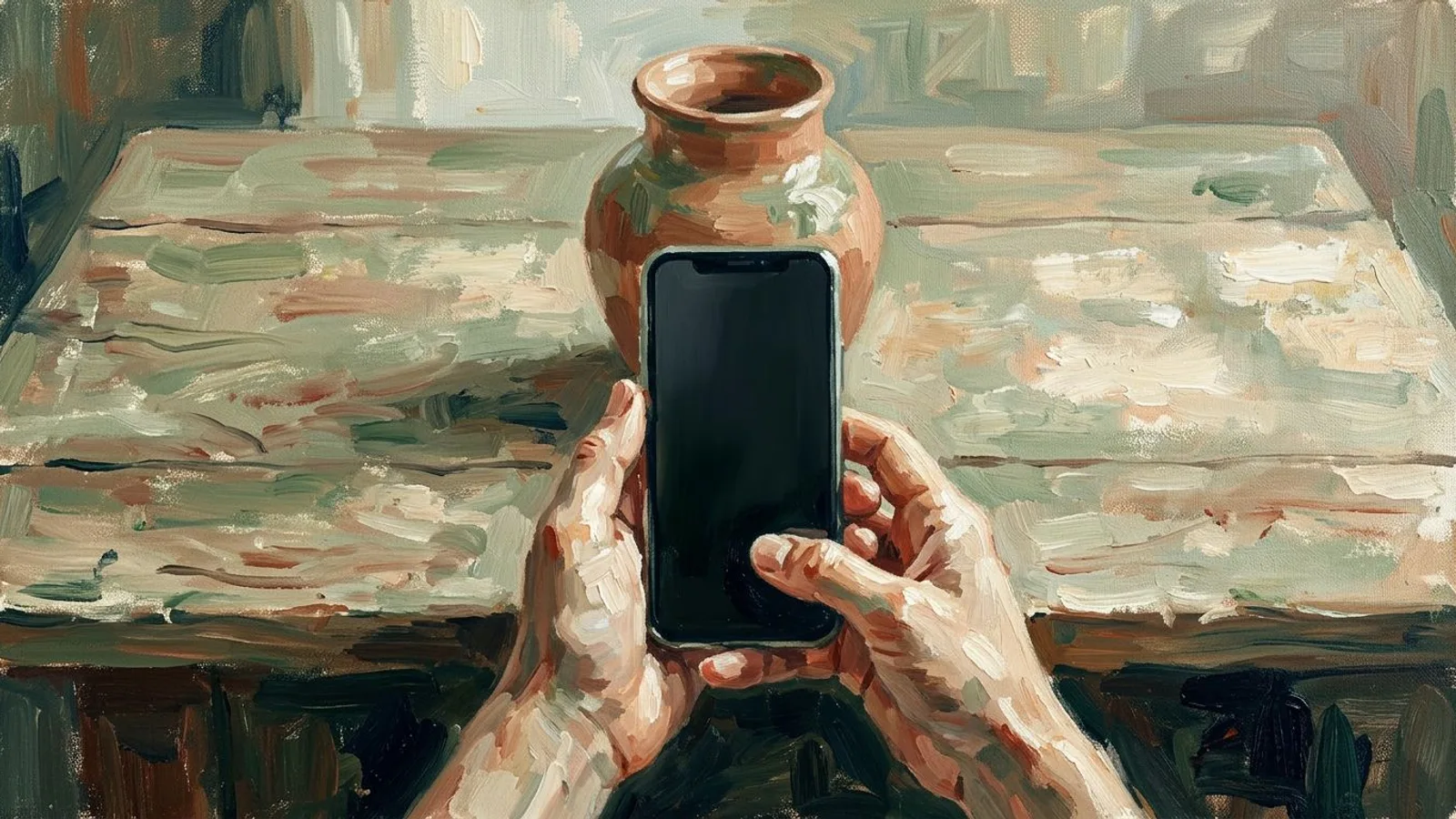 Hände halten ein Telefon hochkant über eine Werkbank und rahmen eine Keramikvase mittig, mit breiten leeren Rändern links und rechts.