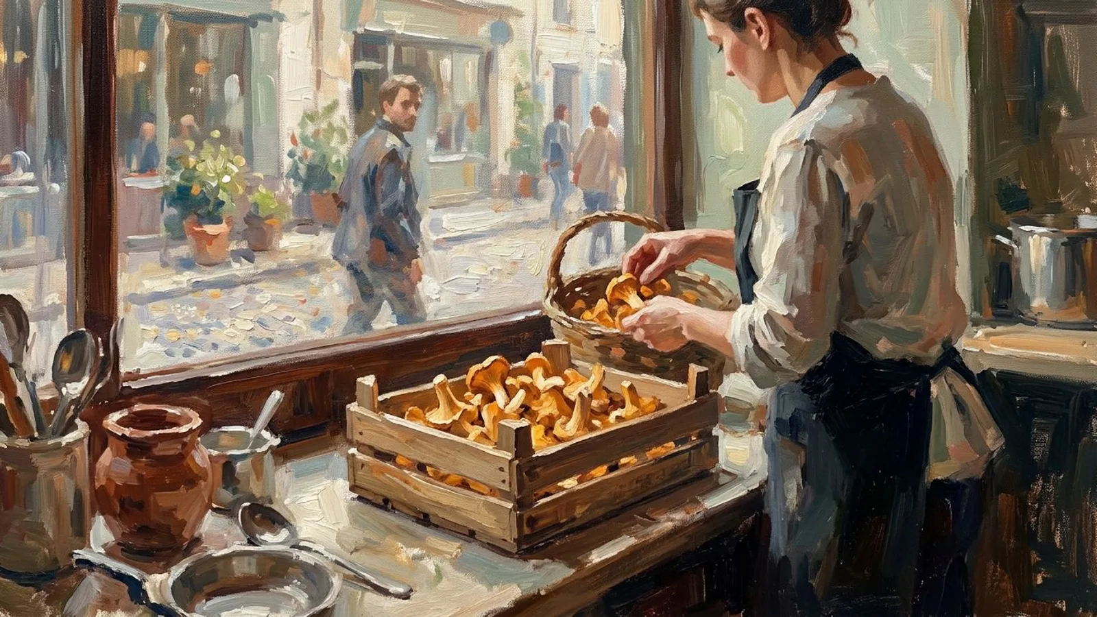 Eine Köchin legt die ersten Pfifferlinge der Saison in eine Holzkiste am Fenster eines kleinen Restaurants.
