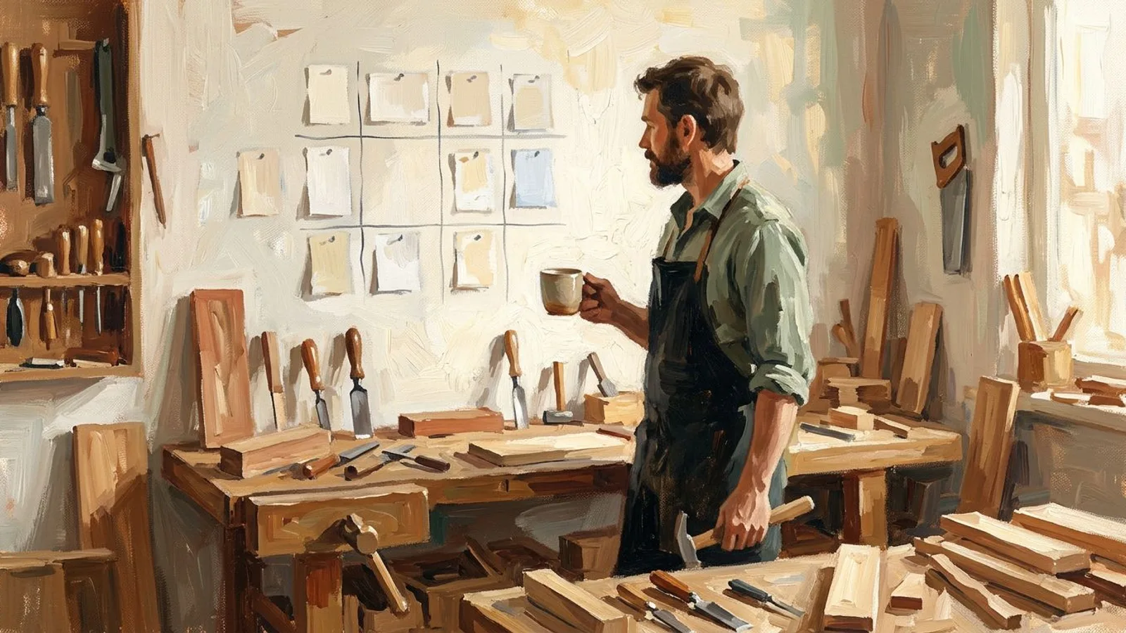 Ein Handwerker steht mit einer Tasse Kaffee vor einem Raster aus leeren Karten an der Werkstattwand, auf der Werkbank Werkzeug und fertige Holzstücke.