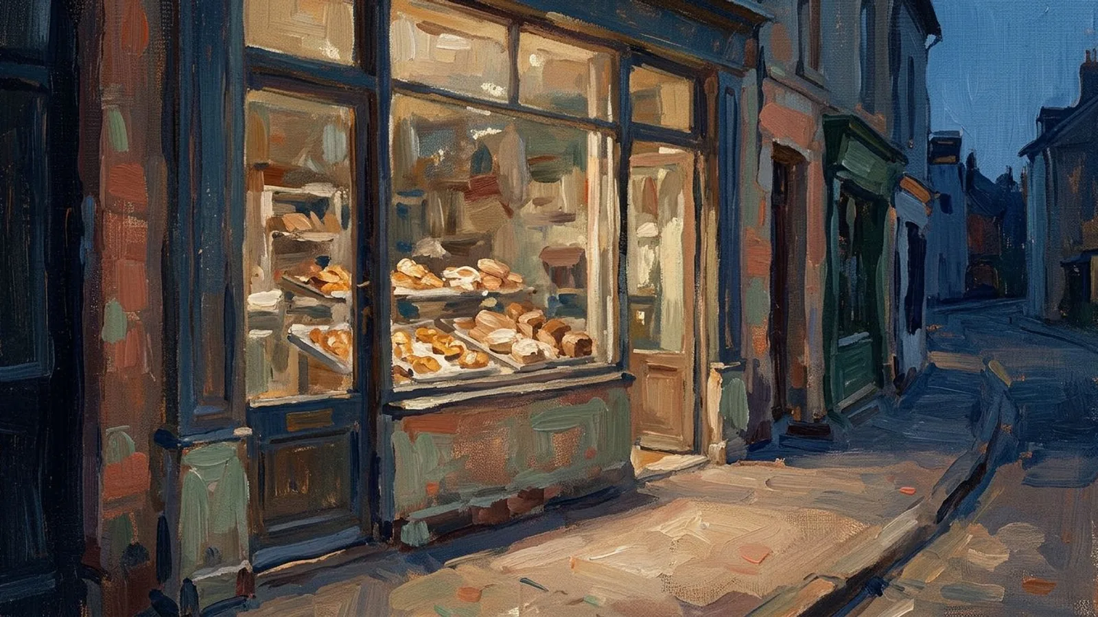 Schaufenster einer kleinen Bäckerei in der Dämmerung, Bleche hinter der Scheibe, warmes Licht auf dem Gehweg.