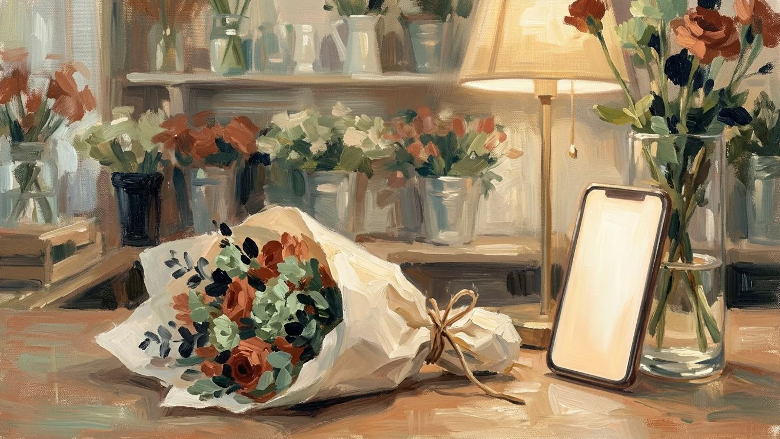 Ladentheke einer Floristin am Abend: ein gebundener Strauß vor Regalen, ein Telefon an eine Vase gelehnt, warmes Licht.