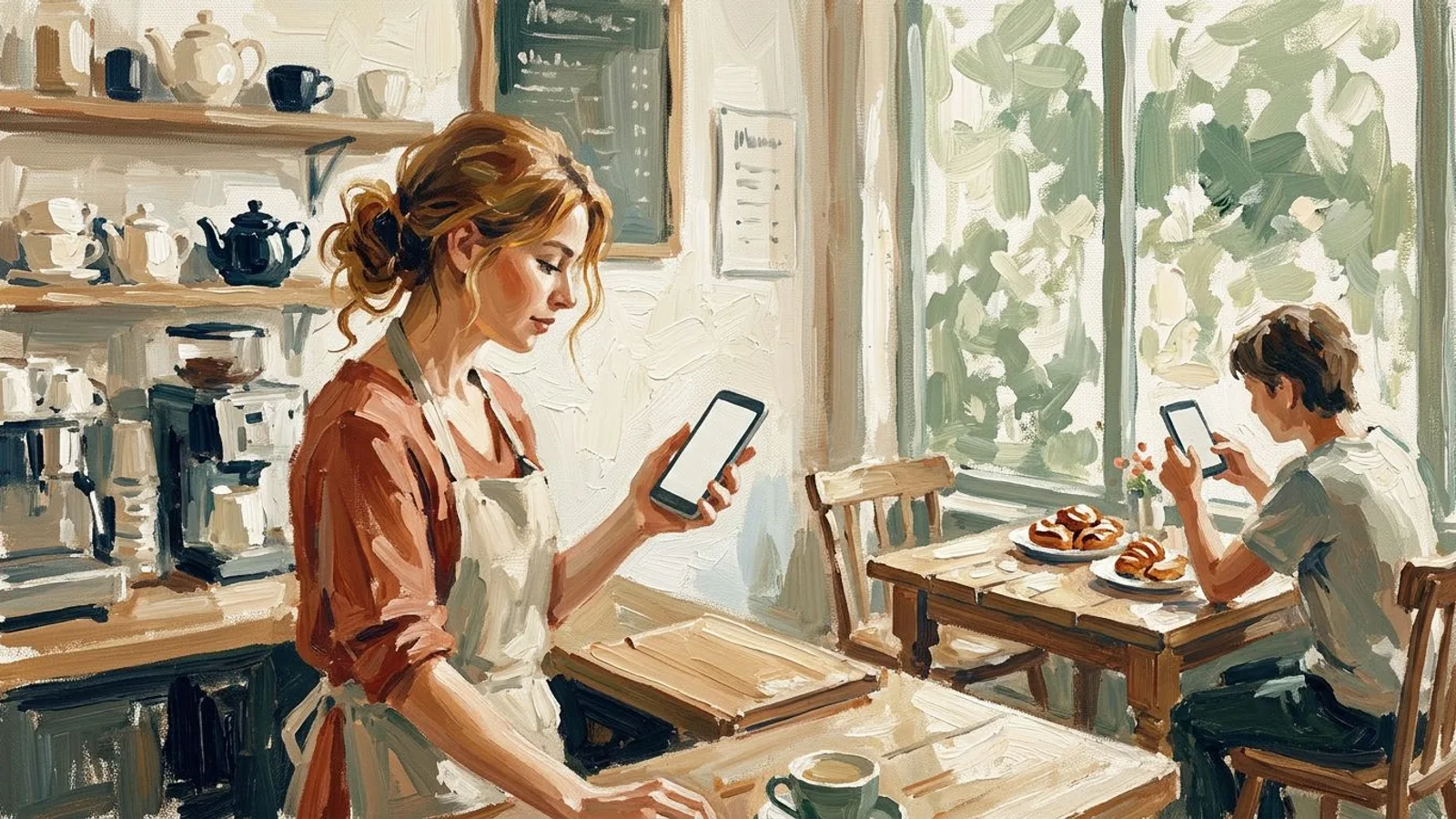 Eine Café-Inhaberin mit Schürze blickt auf ihr Telefon, am Nebentisch fotografiert ein junger Gast sein Gebäck.