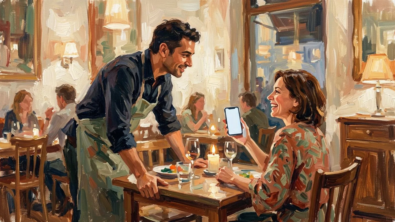 Ein Restaurantinhaber beugt sich am Abend über einen Tisch zu einer Stammkundin, die ihm lächelnd ihr Telefon zuwendet.
