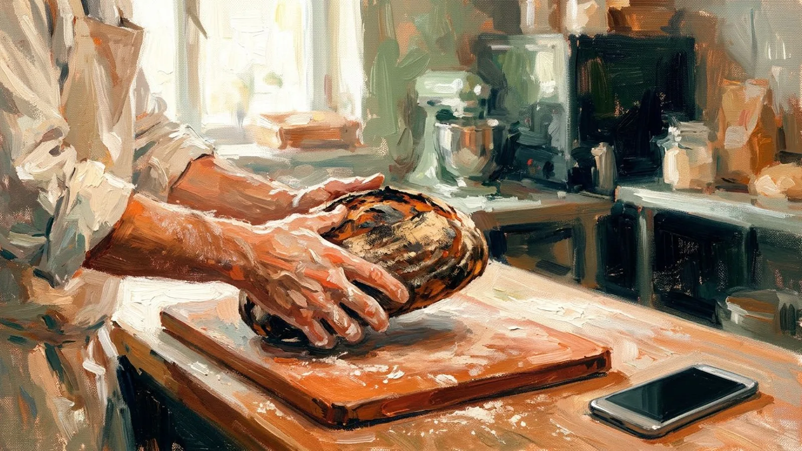 Bemehlte Hände einer Bäckerin heben ein dunkles Sauerteigbrot vom Holzbrett, Morgenlicht in einer kleinen Backstube.