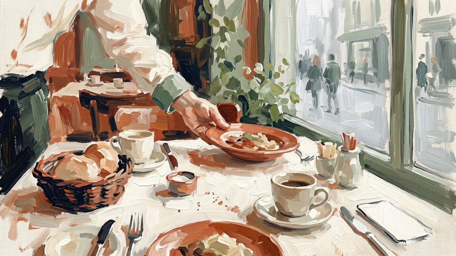 Sonntagsbrunch am Fenster eines kleinen Restaurants, Kaffeetassen und Brotkorb, eine Hand stellt einen Teller ab.