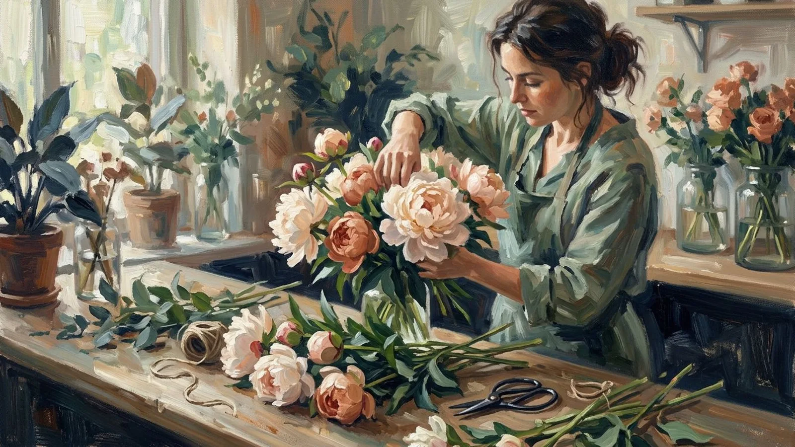 A florist arranging a bouquet of peonies on a wooden counter, close-up on the fresh blooms.