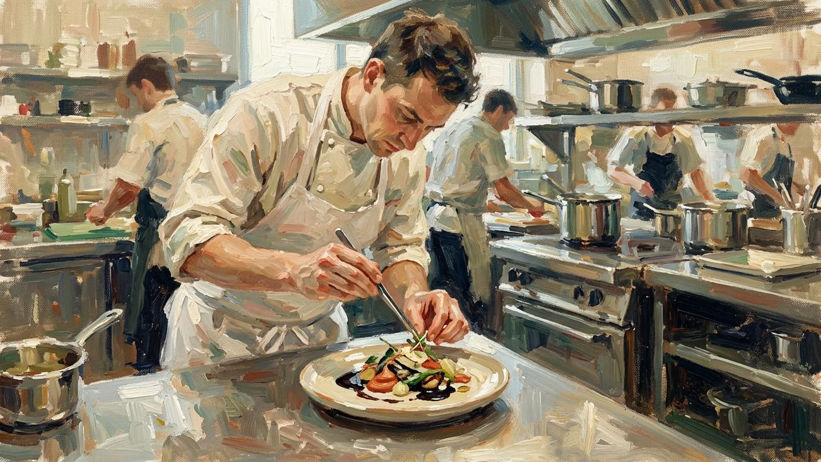 A chef plating a finished dish under a narrow band of natural light in a restaurant kitchen.