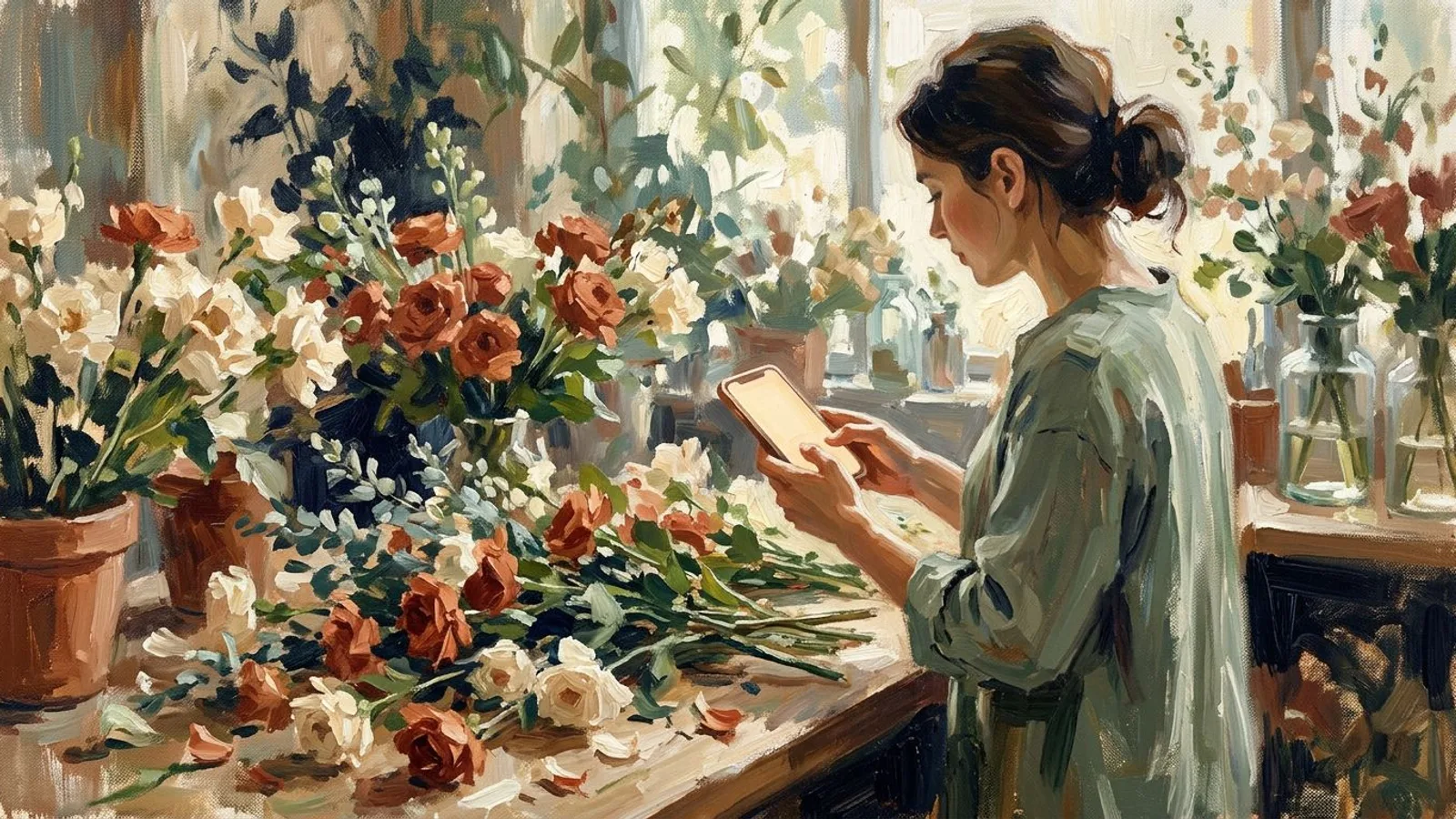 Una florista escribiendo un texto en su móvil junto al mostrador, flores frescas extendidas delante de ella.