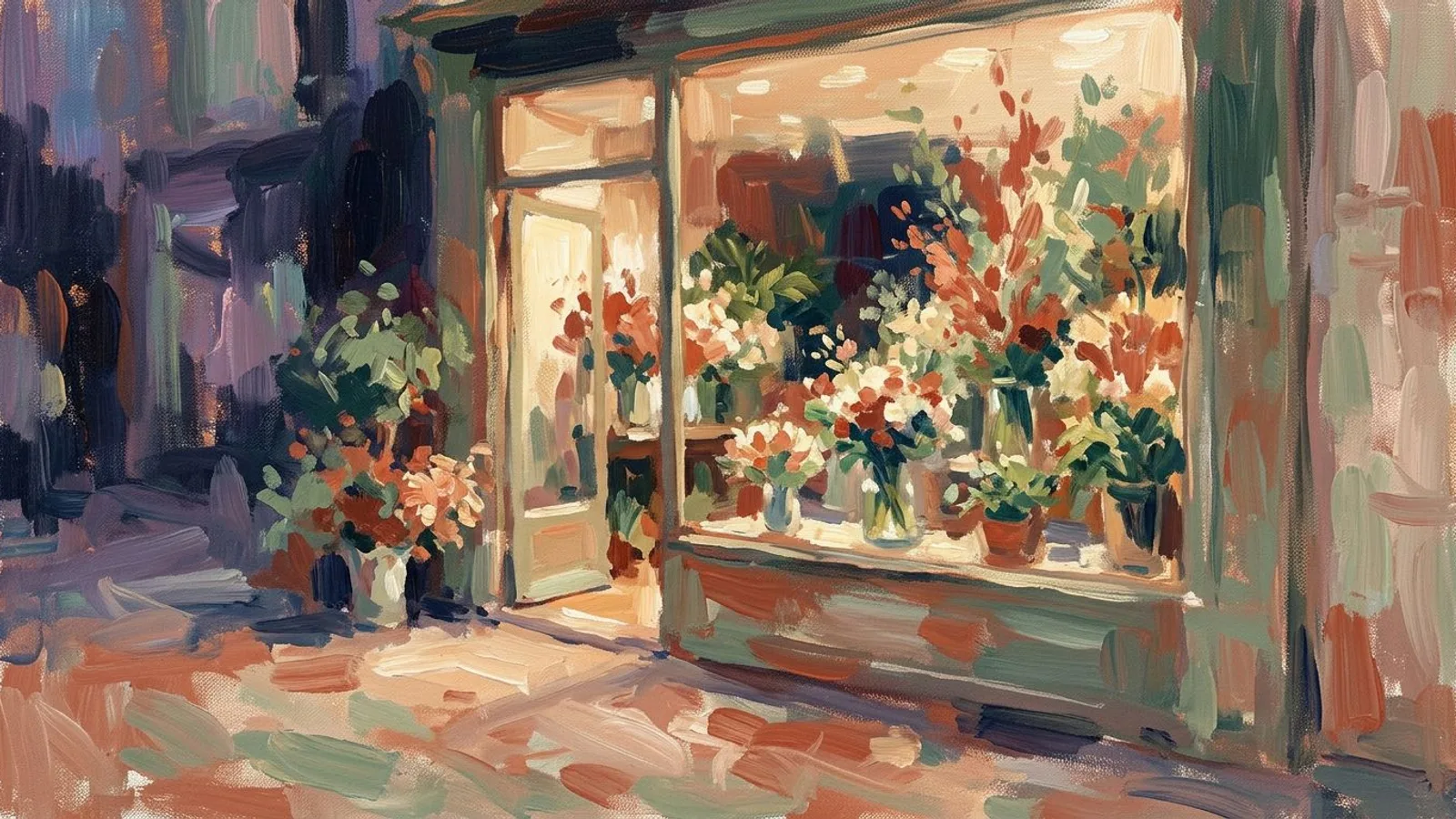 El escaparate de una floristería iluminado al anochecer, los arreglos florales visibles desde la calle.