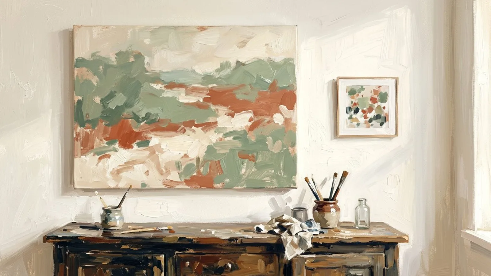 A large original canvas hung above a sideboard next to a small framed print, showing the scale difference a buyer needs to see