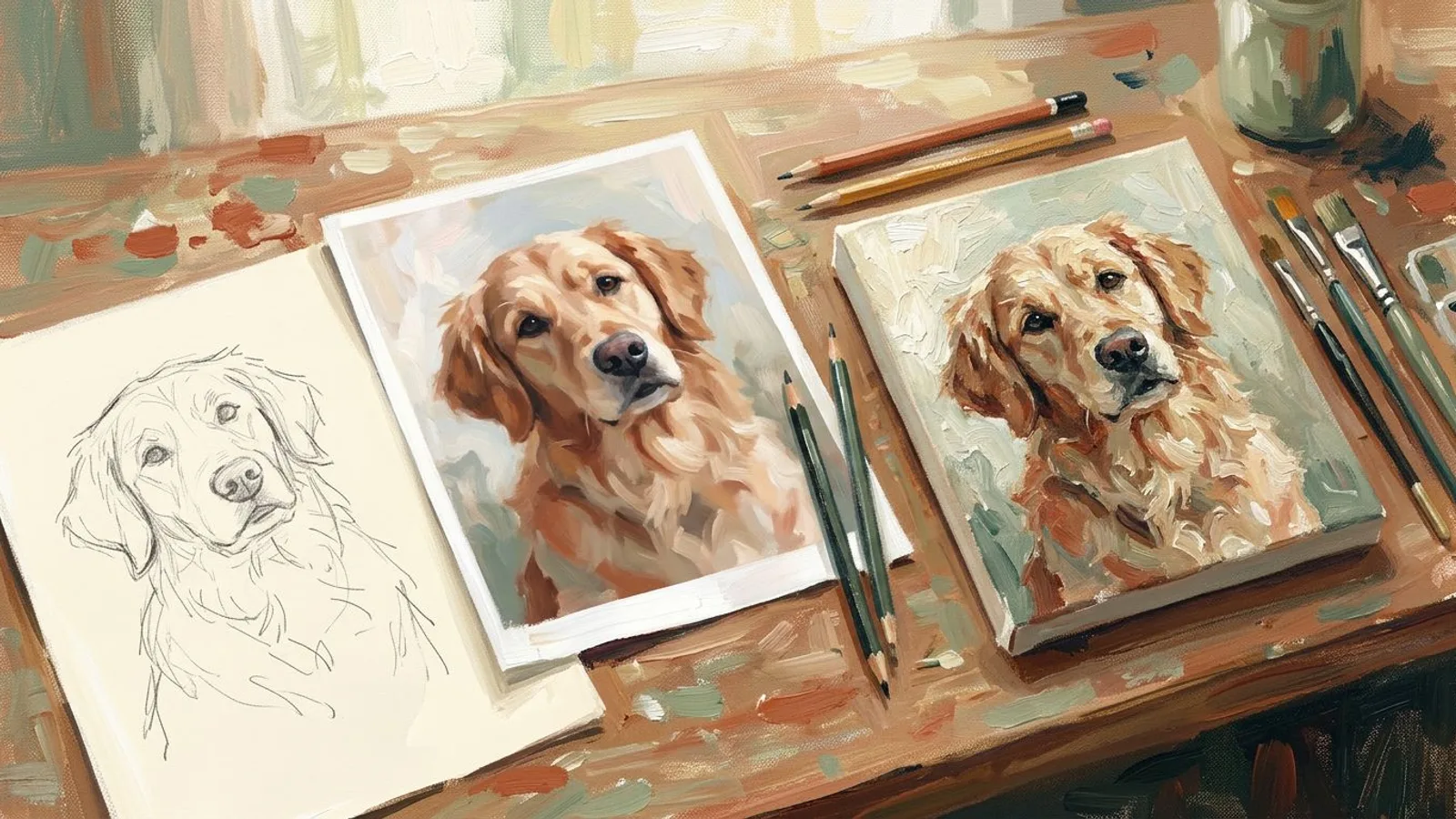 A client's reference photo of a dog beside the finished commissioned pet portrait on a studio worktable