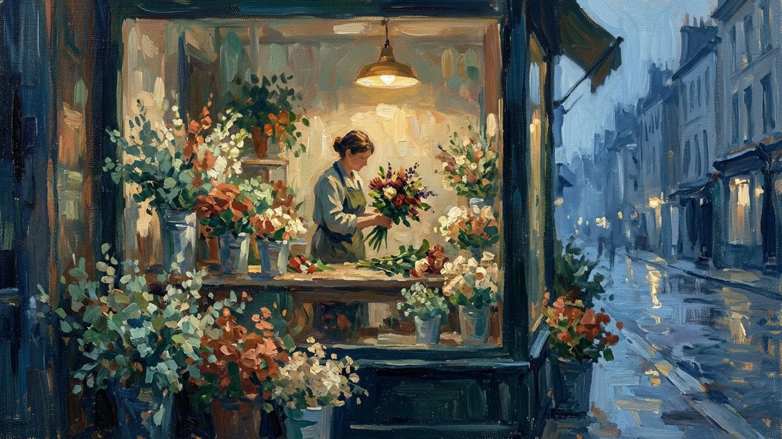 Florist arranging a single bouquet under a warm lamp, seen through the shop window at dusk