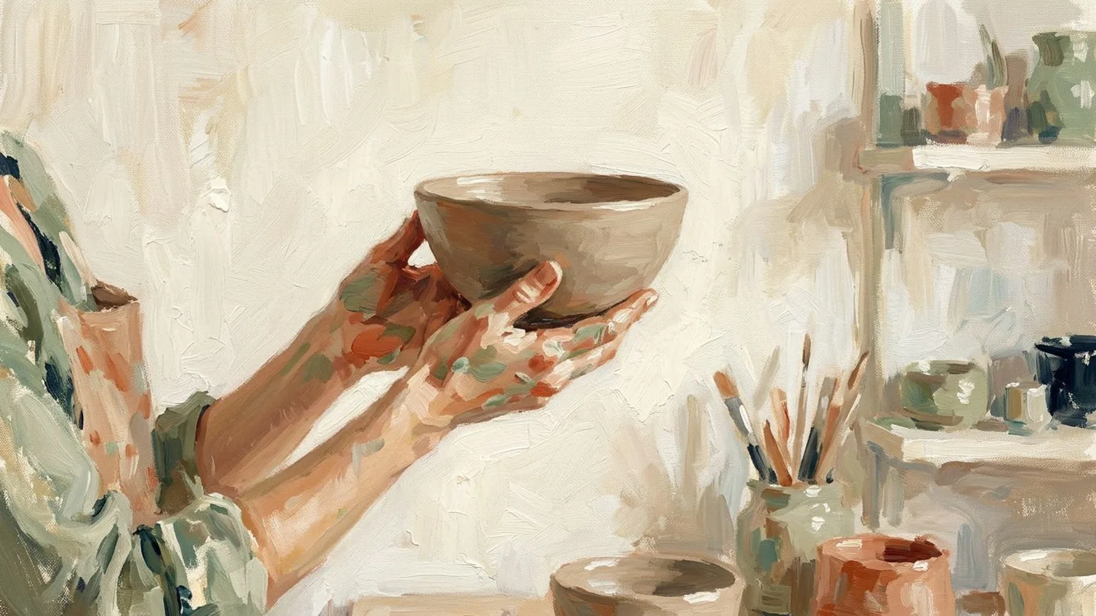 Ceramicist holding one finished bowl against a plain cream wall in a softly blurred workshop