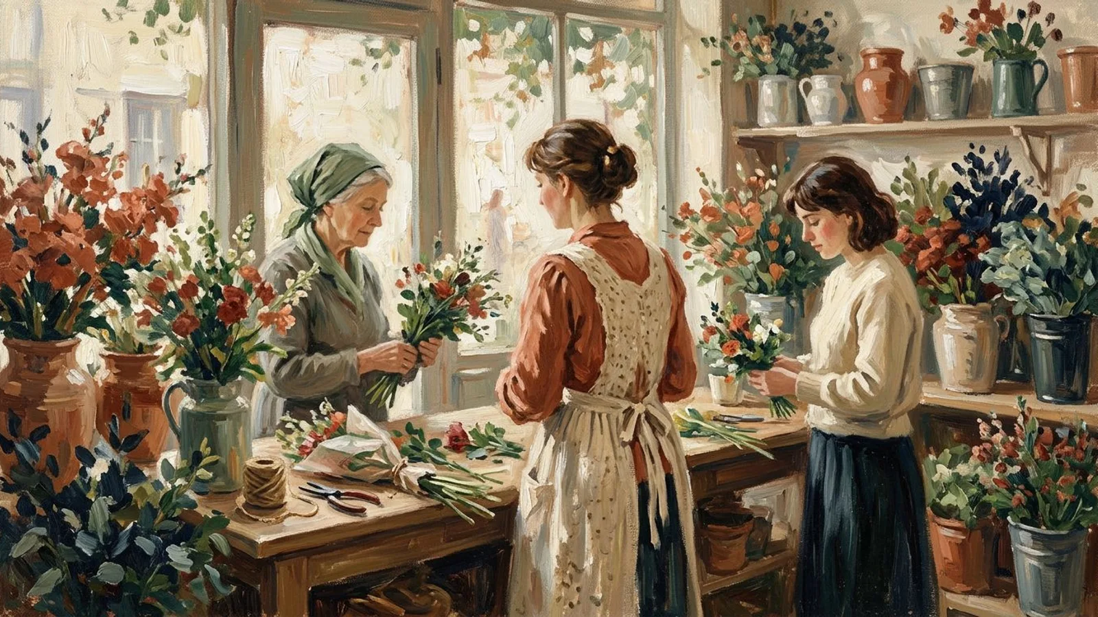 Late morning light across the counter of a small flower shop, the owner standing still between two customers.
