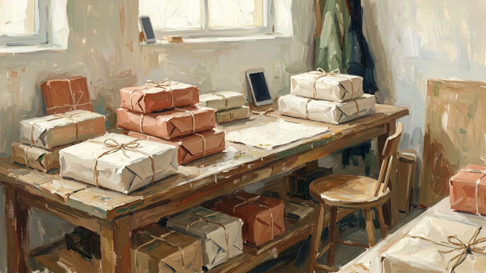 A quiet studio workbench at midday, parcels stacked and ready to ship, a stool pushed back under high window light.